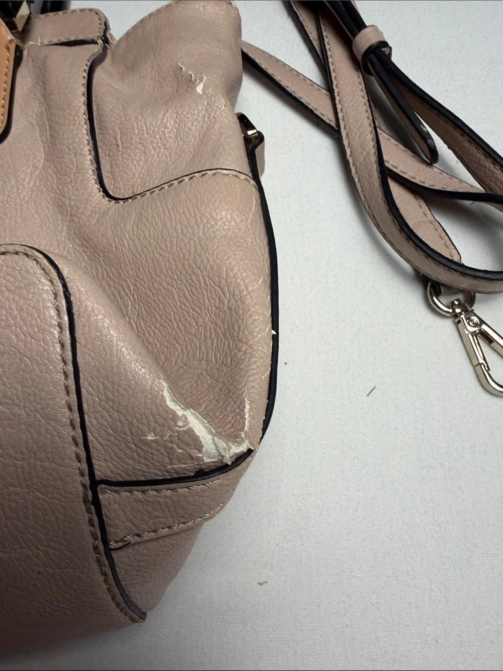 Women's Guess vintage Blush Beige Satchel with Black Handles and Chain Trim